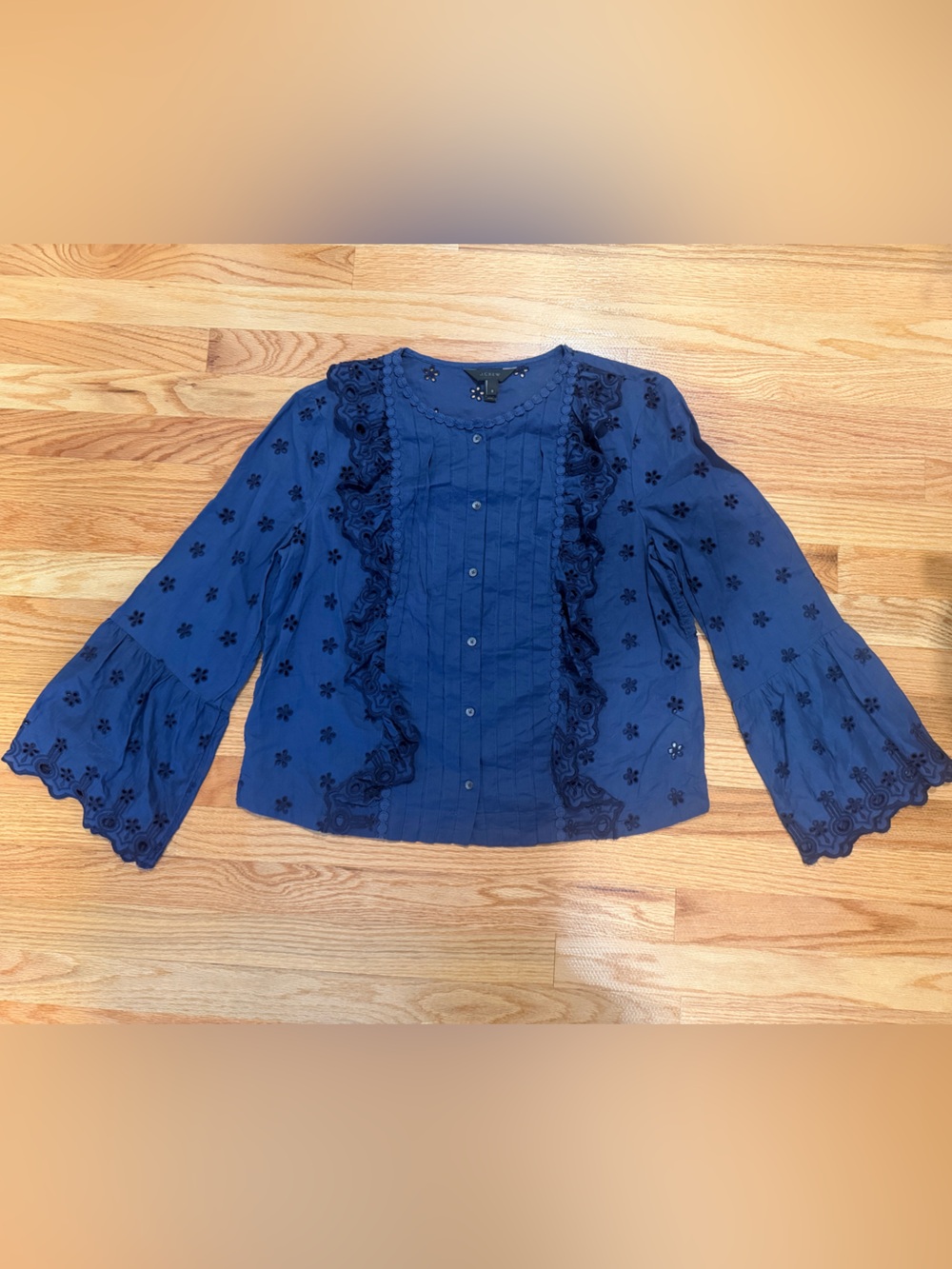 J.Crew Women’s Size 8 Navy Eyelet Embroidered Lace Bell Sleeve Blouse